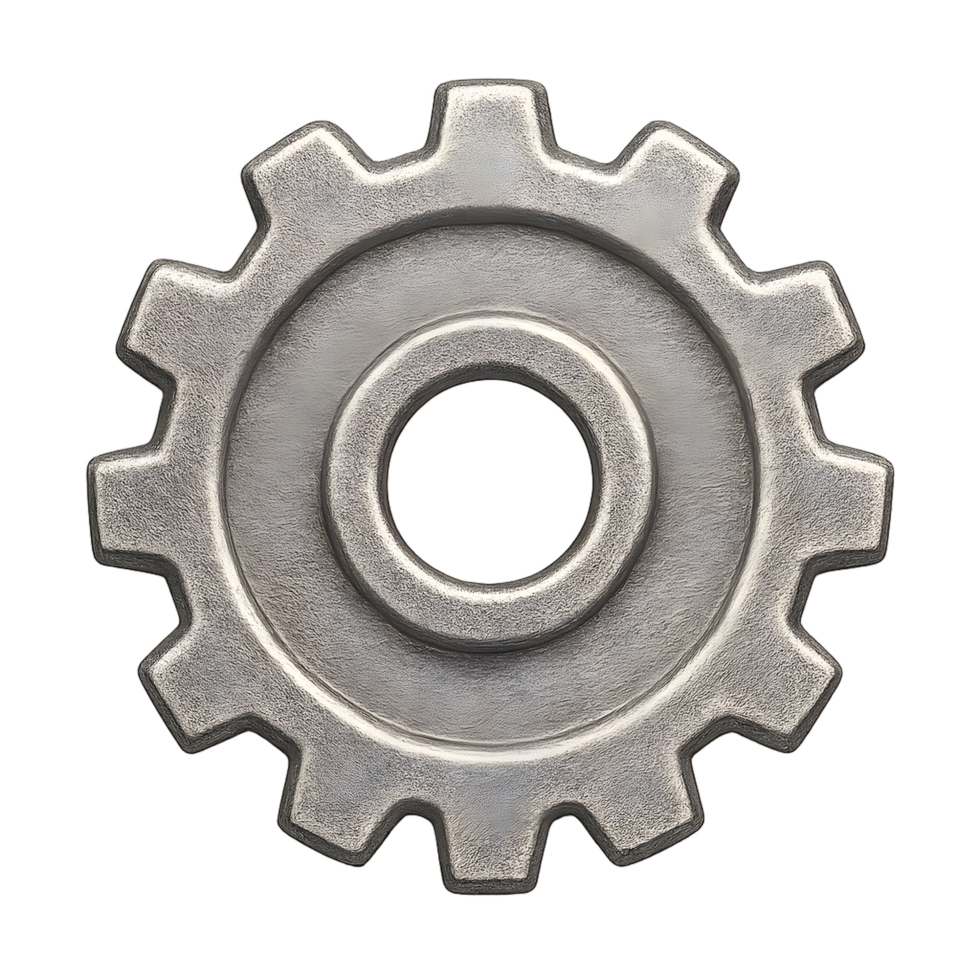 Transparent background embossed metallic gear wheel action industrial workshop digital art close-up view conceptual design png