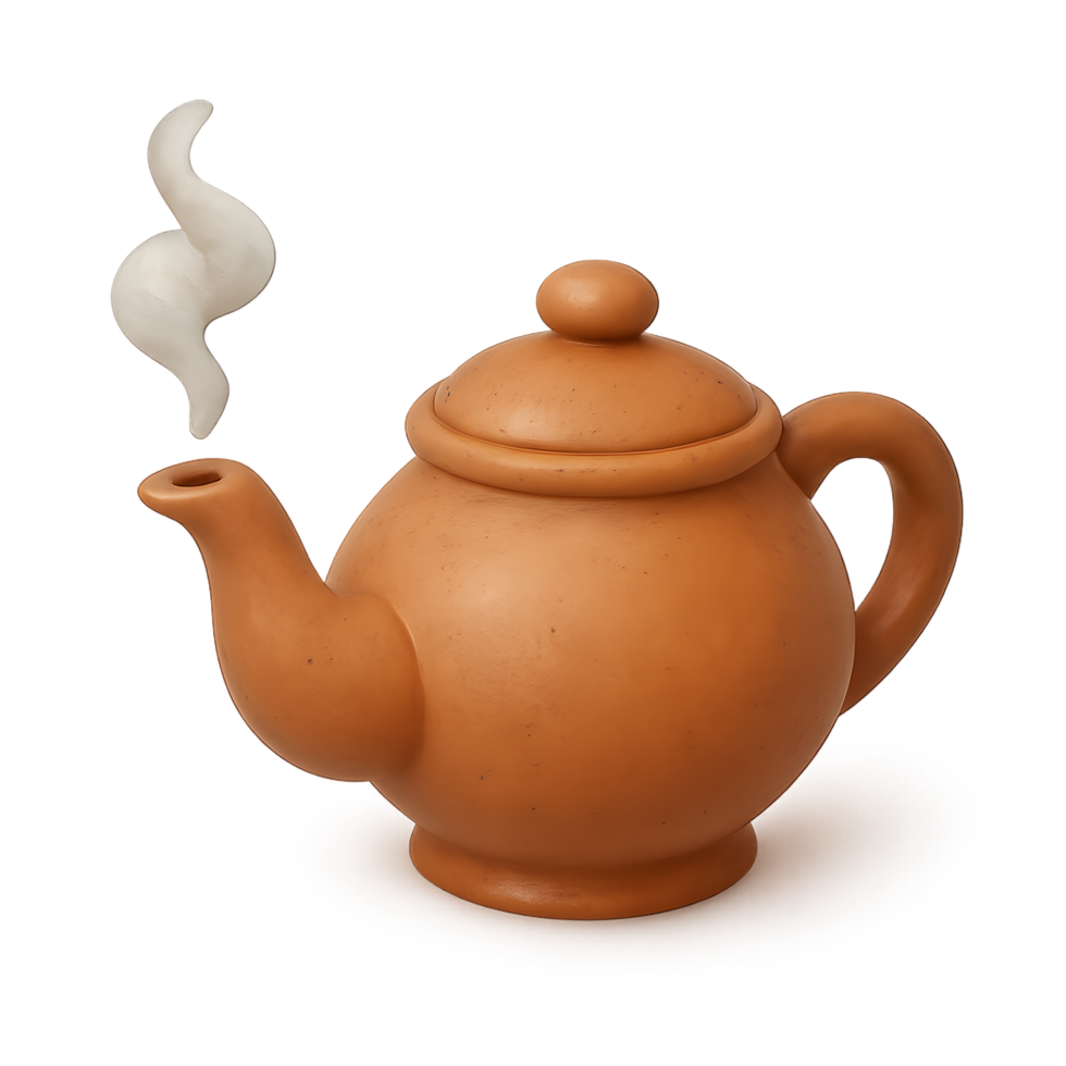 Steam rising from clay style teapot in transparent background cozy environment artistic viewpoint for seo impact png