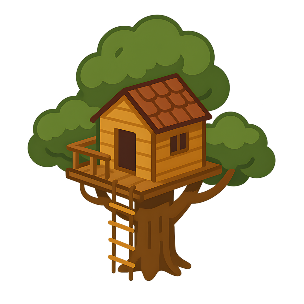 Adventure in a transparent treehouse with rope ladder nature setting isometric style vibrant background playful concept png