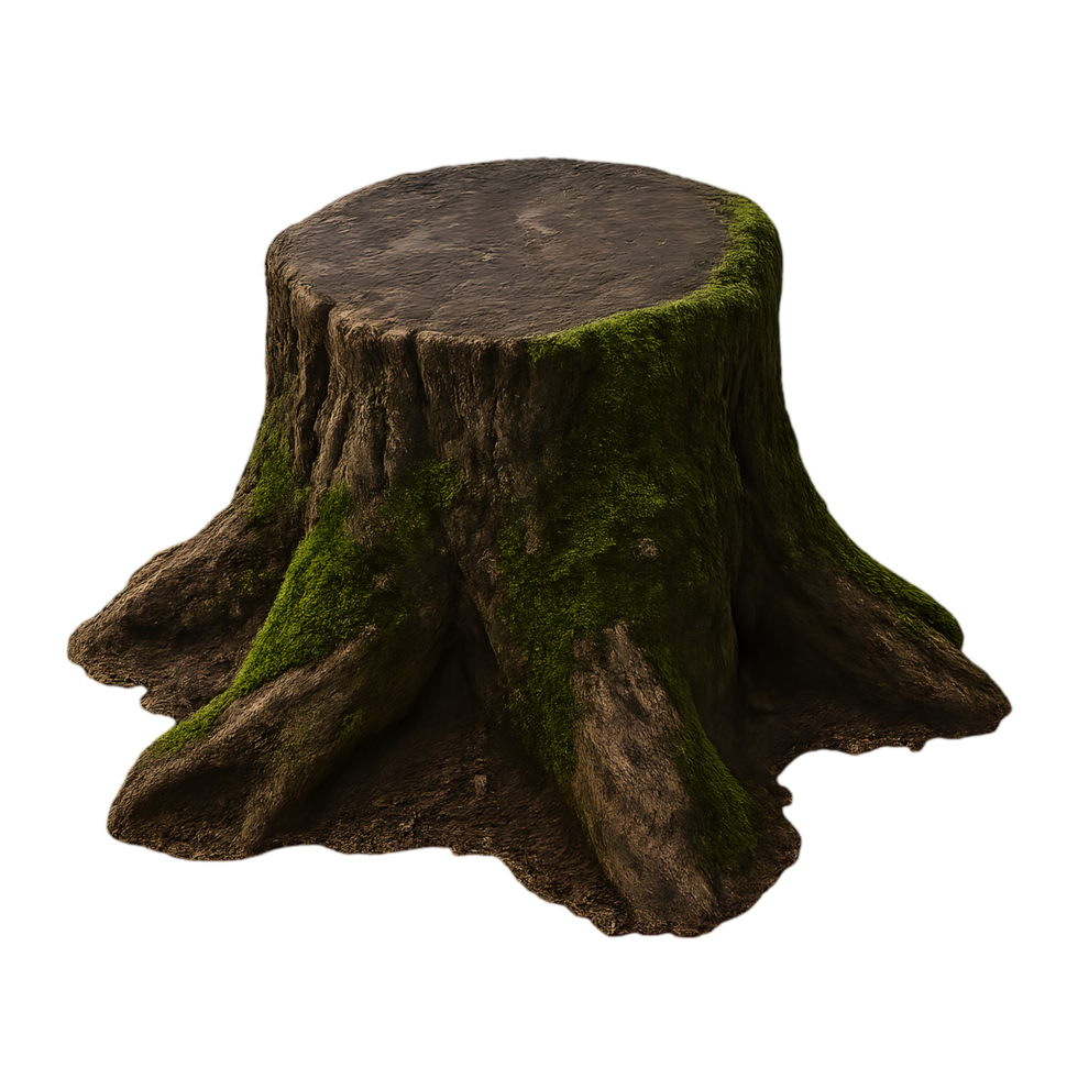 Moss-covered tree stump with transparent background in nature close-up view for environmental awareness png