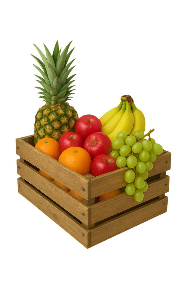 Fruits in a wooden crate with transparent background fresh produce display studio setting vibrant colors png