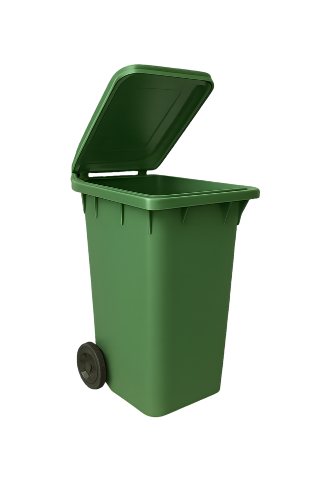 Open green garbage bin lid urban environment transparent background waste management cleanliness concept png