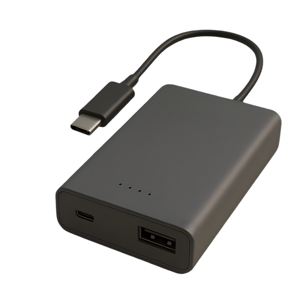 Power bank with charging cable on transparent background high-tech product studio environment close-up view for seo impact png