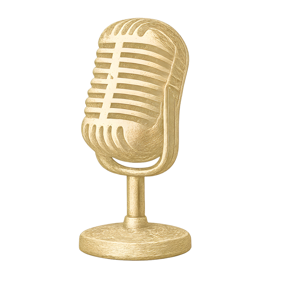 Elegant gold foil engraved microphone with transparent background digital art showcase artistic display creative viewpoint png