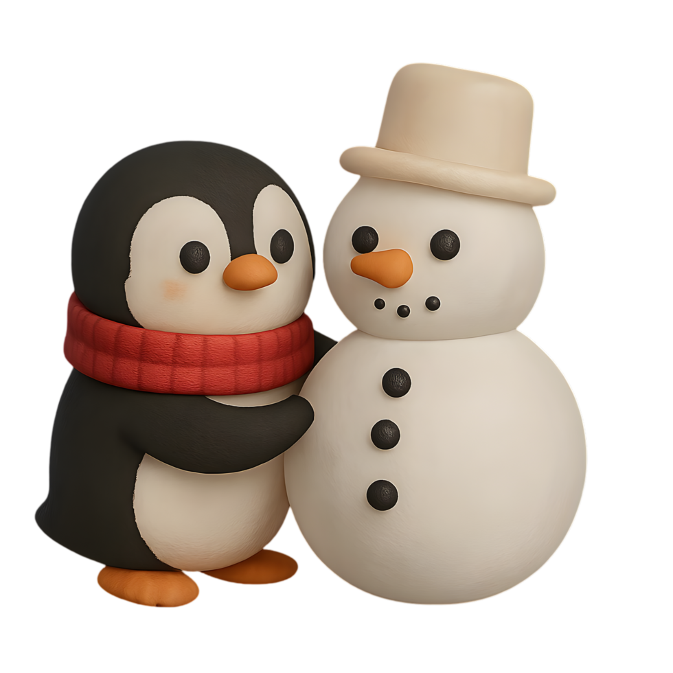 Penguin building snowman with top hat transparent background winter wonderland fun scene playful environment png