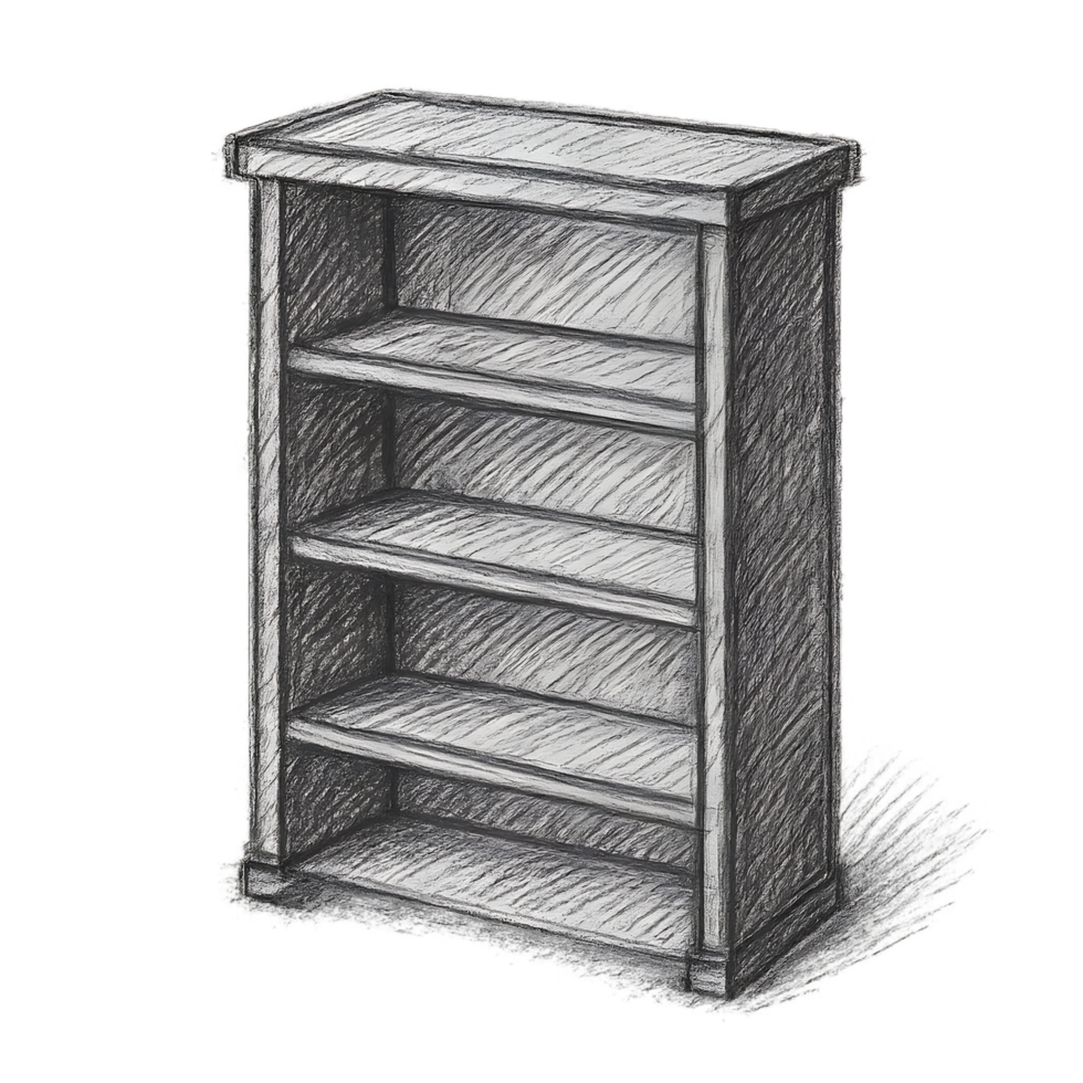 Transparent charcoal sketch bookshelf displaying artistic craftsmanship in a minimalist setting png