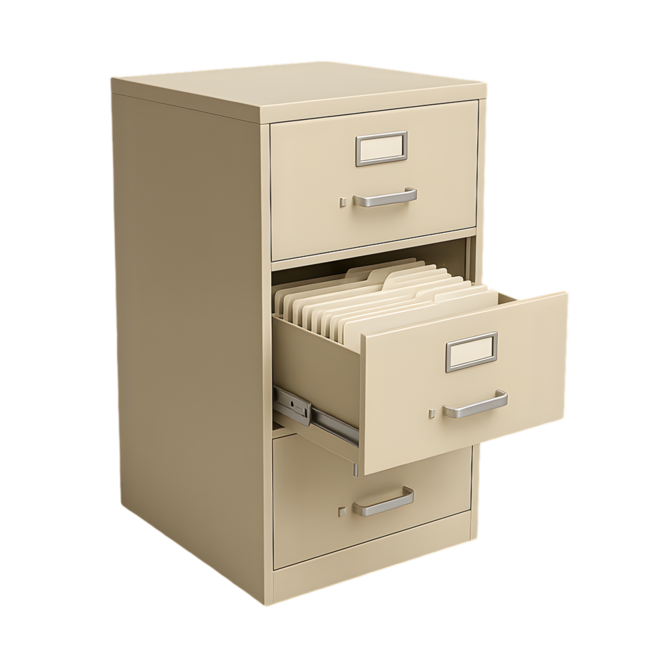 Open drawer of filing cabinet with transparent background business environment office content detailed view png
