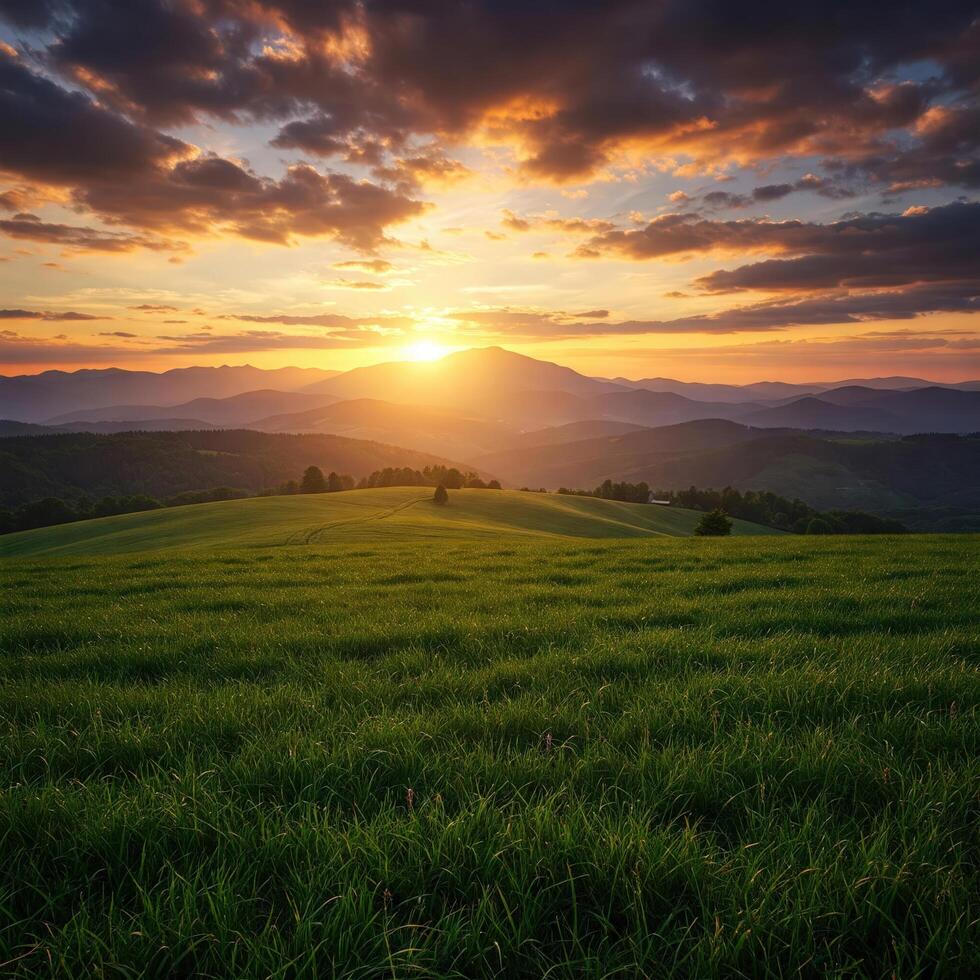 3D Landscape with Rolling Green Hills at Sunset photo