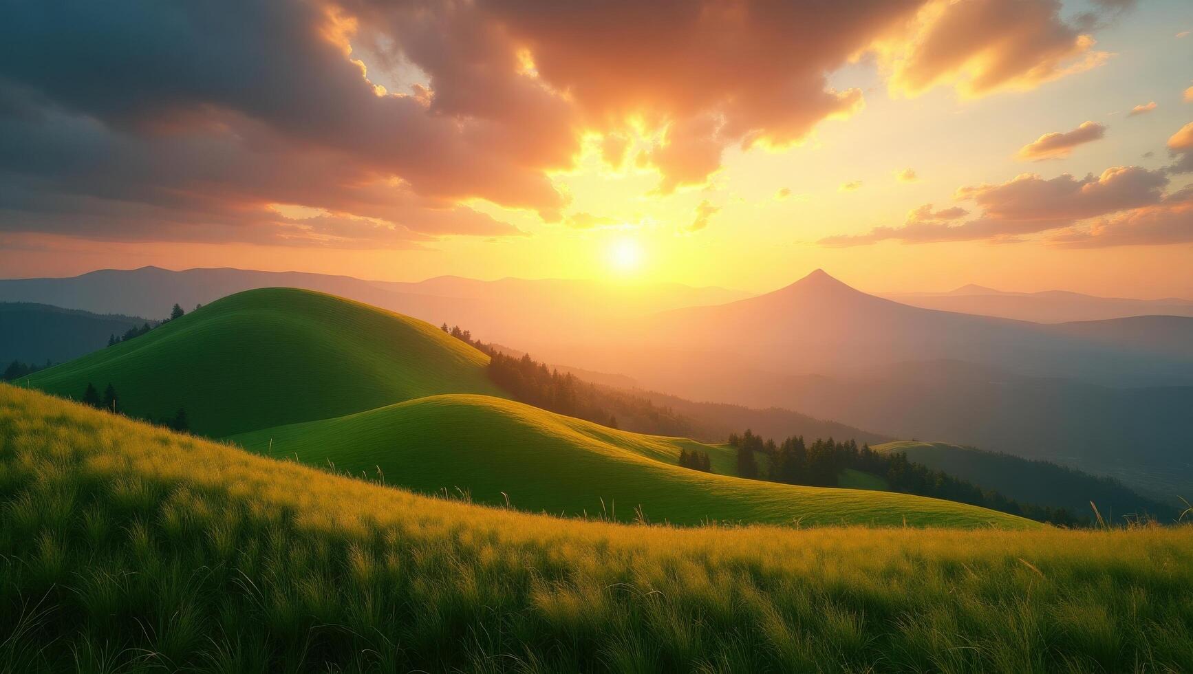Sunset Over Lush Green Rolling Hills photo