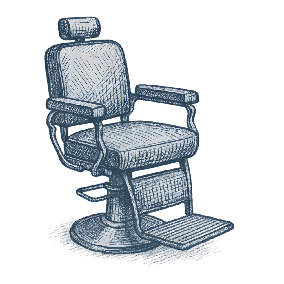 Transparent ink pen sketch of a vintage barber chair against a clean background in a creative studio environment png