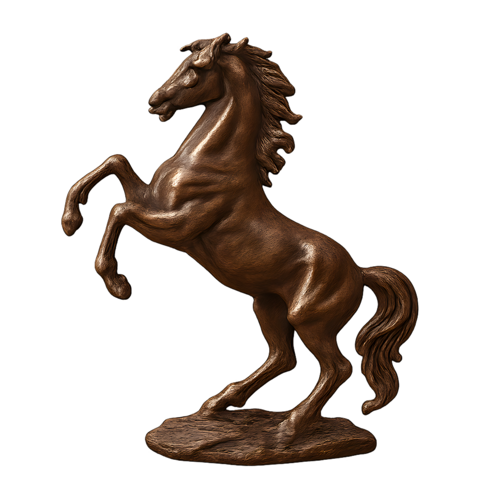 Dynamic bronze sculpture of rearing horse transparent background artistic display gallery setting eye-level view captivating concept png