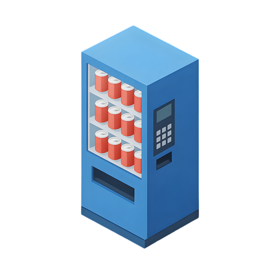 Transparent isometric vending machine with soda cans urban setting digital illustration clear background modern design png