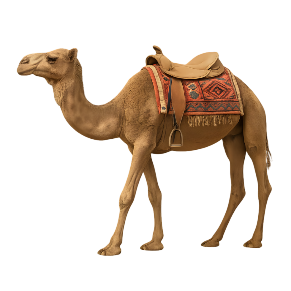 Camel with saddle on transparent background in desert environment realistic animal display captivating viewpoint png