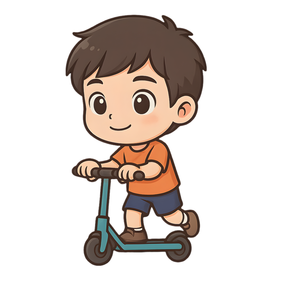 Chibi boy riding scooter transparent background fun scene playful environment animated style joyful concept png