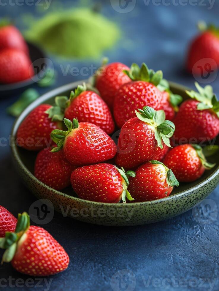 Bowl of red strawberries on a blue background photo