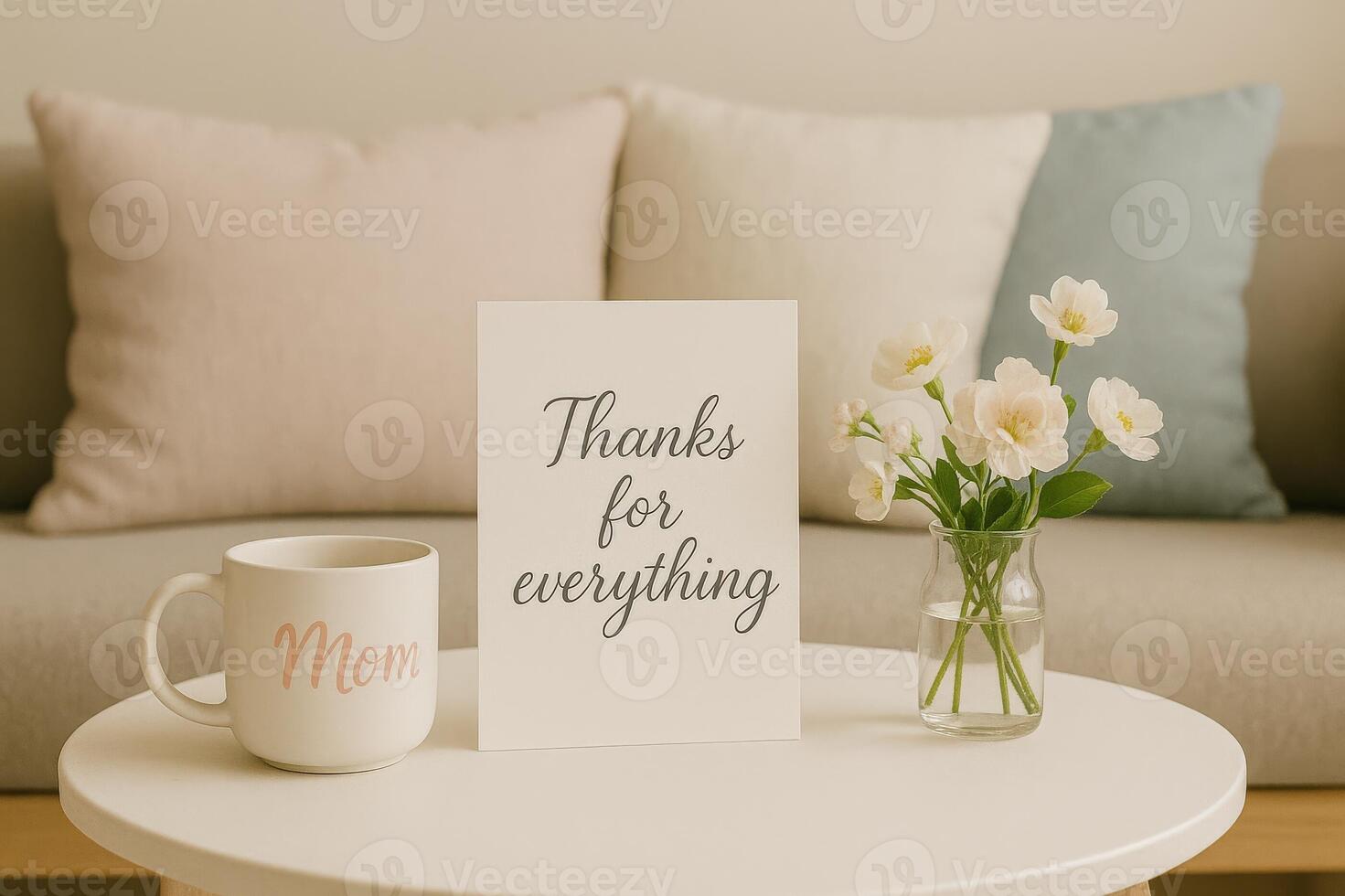 White coffee mug with the word Mom on it sits on a table next to a card that says Thanks for everything. photo