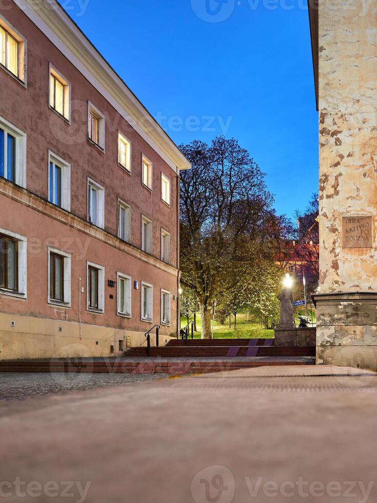 Street with a building on the left and a tree on the right photo