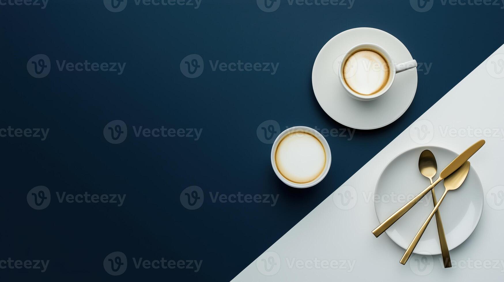 White plate with a fork and two cups of coffee on a blue background photo