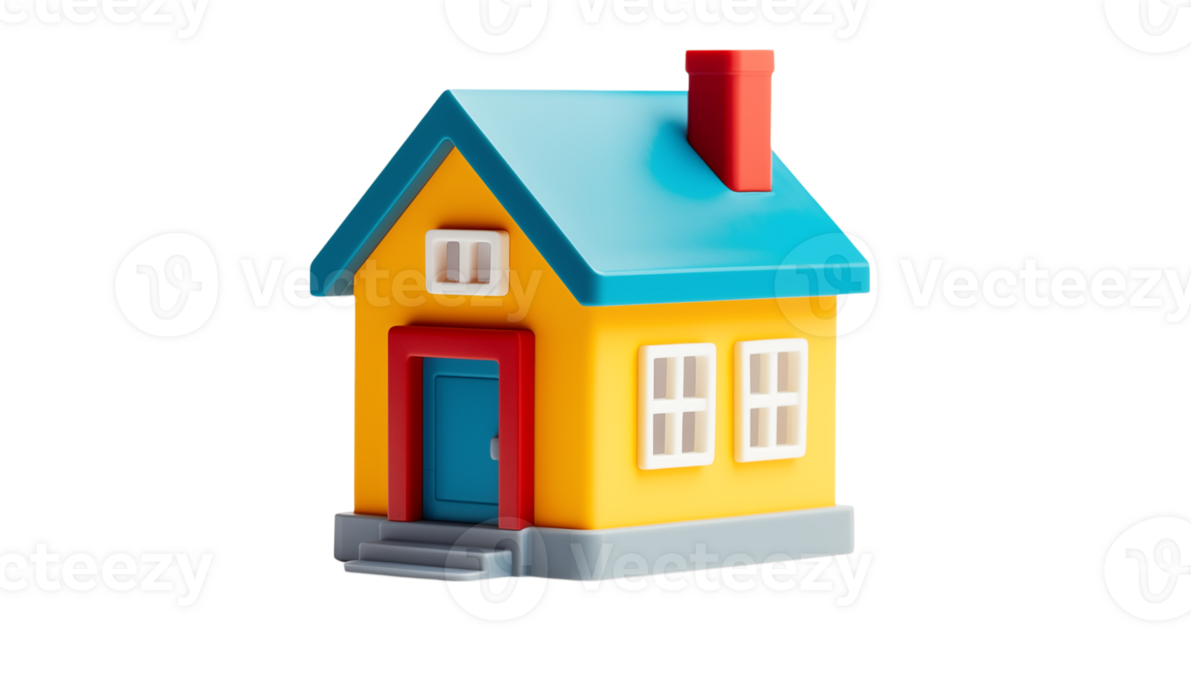 A cute cartoon house with a blue roof and door and yellow walls isolated on transparent background render png
