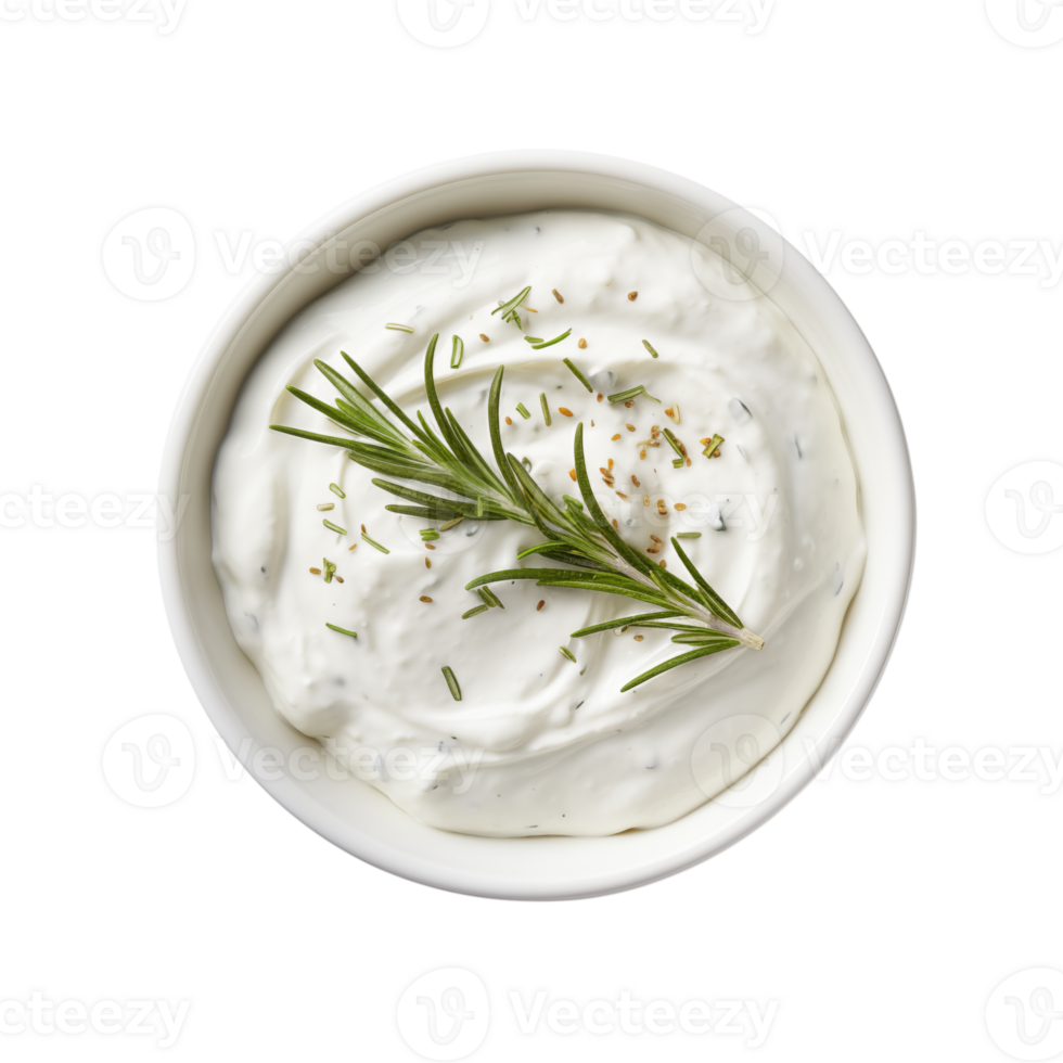 A top view of a white bowl filled with creamy dip garnished with rosemary and herbs on transparent background png