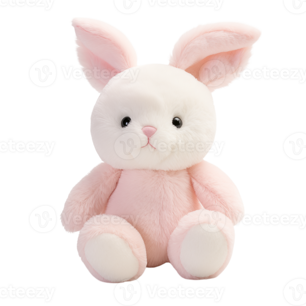 A stuffed bunny with pink ears and a white face sits upright in a full shot on a transparent background png