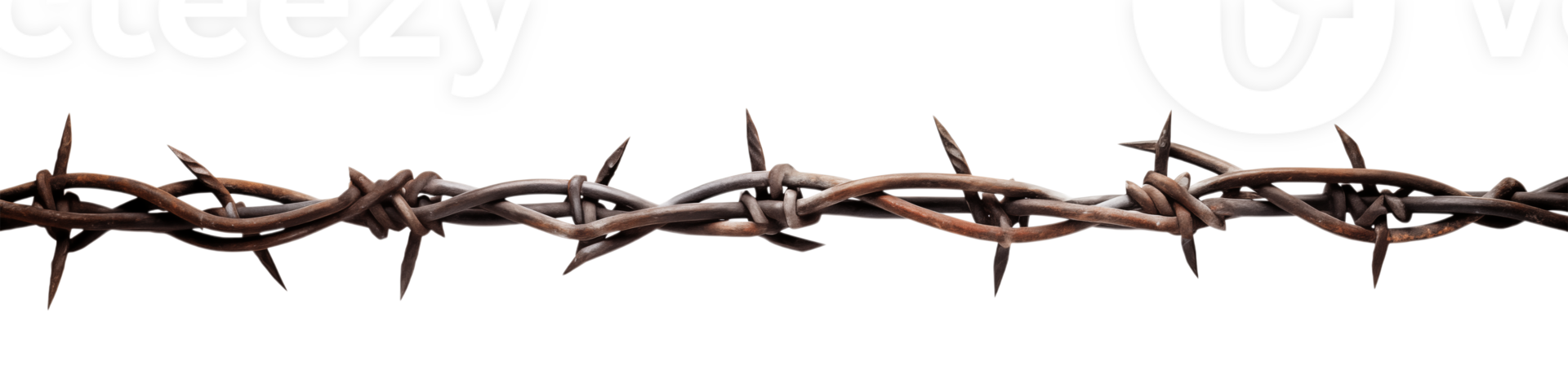 A close up view of rusty barbed wire against a stark transparent background in a horizontal line png