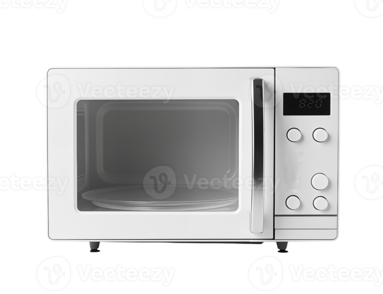 A white microwave oven with a handle and buttons on the right side against a transparent background png