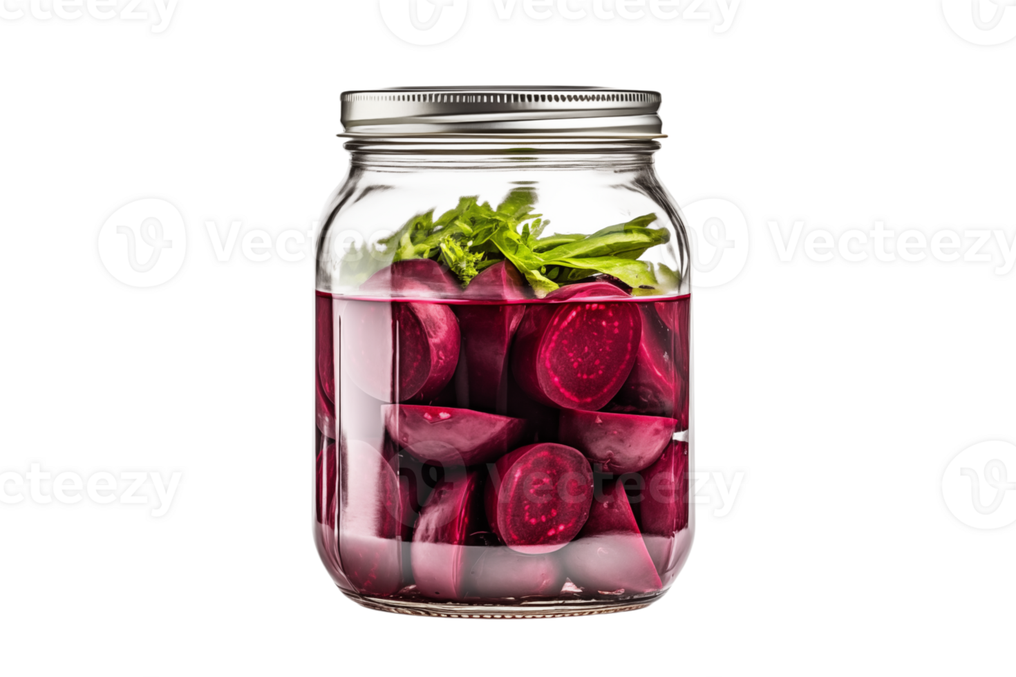 A glass jar filled with pickled beets and fresh herbs against a plain transparent background studio shot png