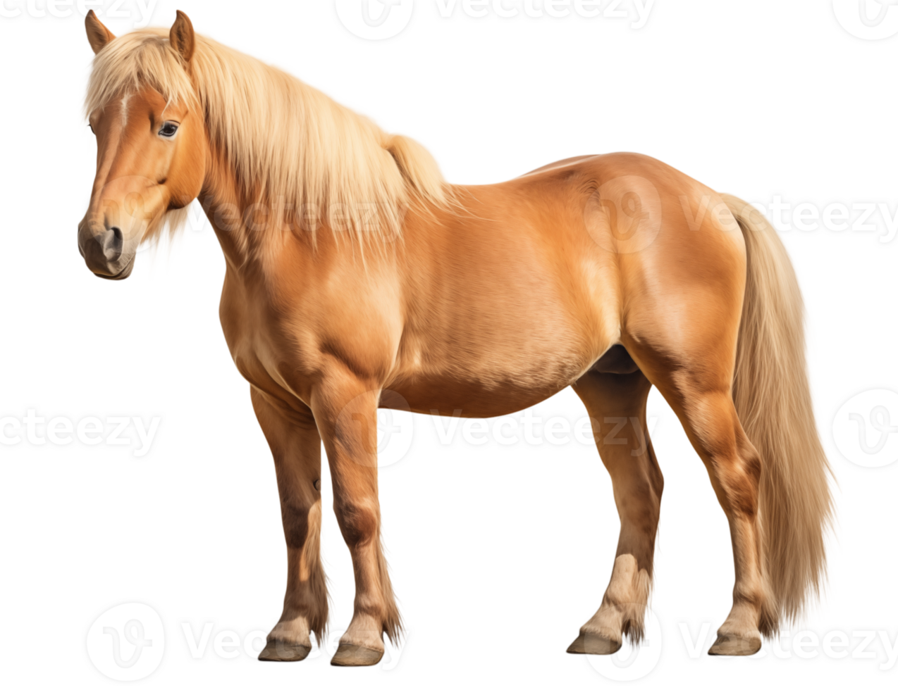 A palomino horse standing in a full shot against a transparent background with a blonde mane and tail png