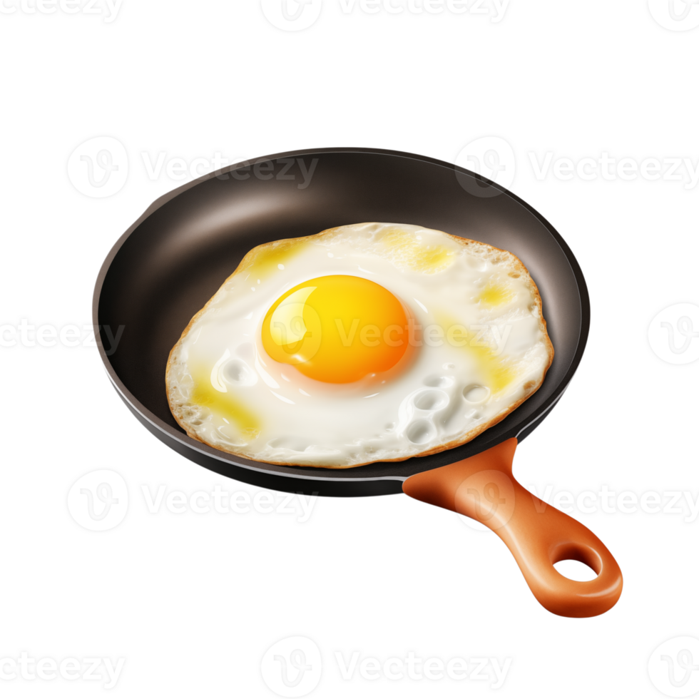 A sunny side up egg in a black frying pan with a brown handle against a transparent background image png