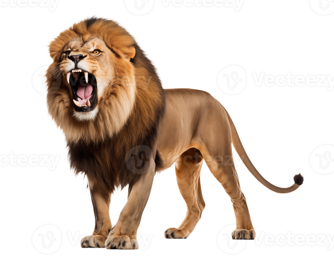 A majestic lion standing with its mouth open showing its teeth on a transparent background in a studio shot png