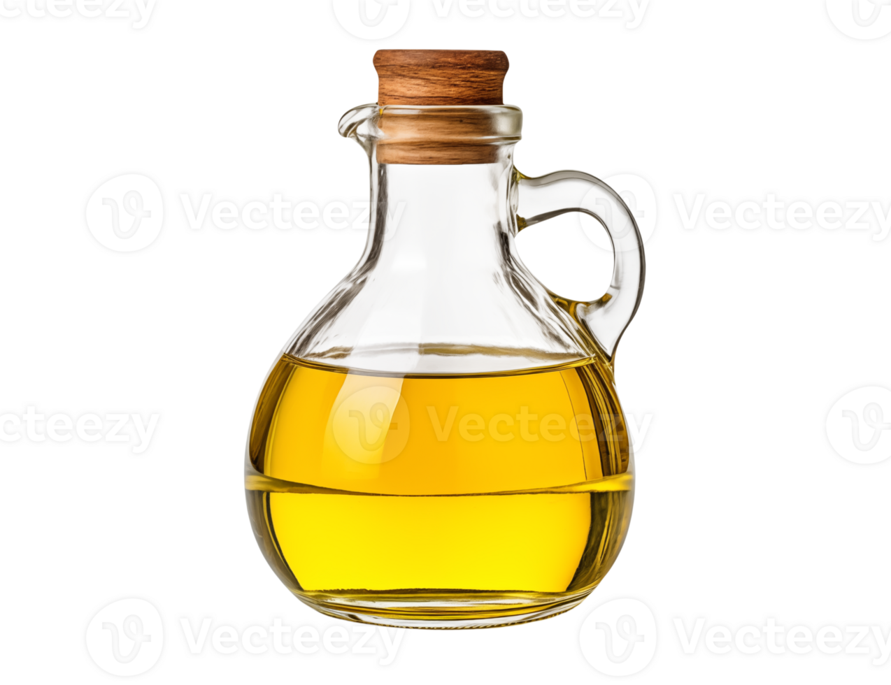 Clear glass carafe filled with yellow liquid and a cork stopper on a solid transparent background view png