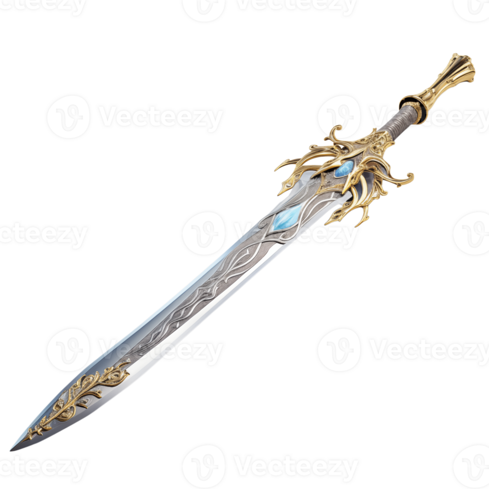 A detailed view of a fantasy sword with gold accents and blue gems on a transparent background studio shot png