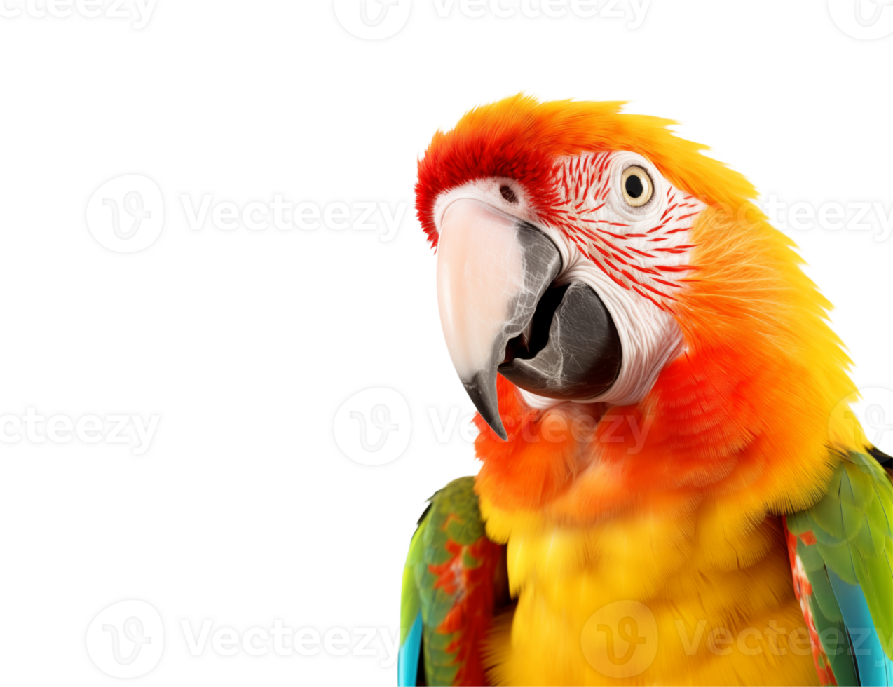 Close up shot of a colorful macaw parrot with vibrant feathers against a transparent background space png