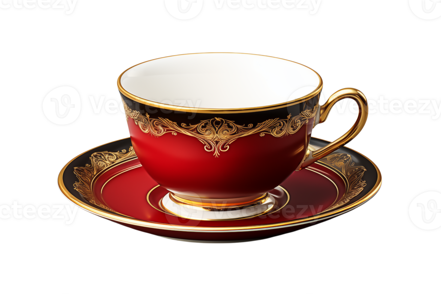 A red teacup with gold accents sits on a matching saucer against a plain transparent background image view png