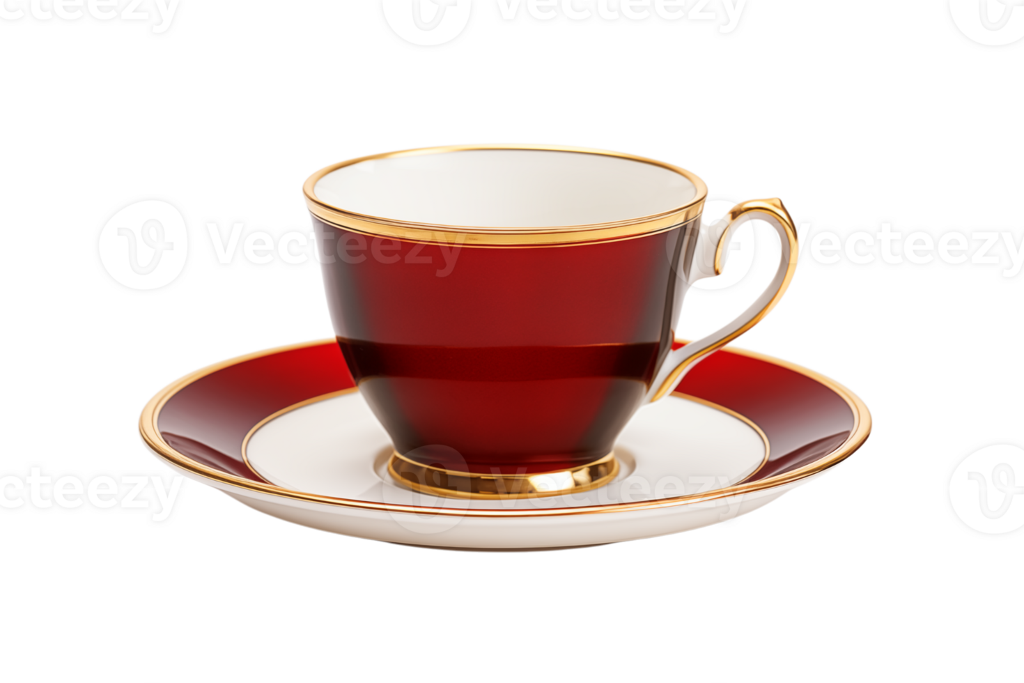 A burgundy teacup and saucer with gold trim sitting on a transparent background in a studio setting png