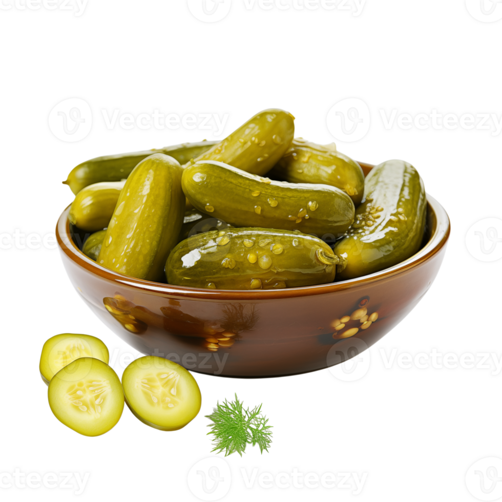 A brown bowl filled with green pickles and dill sprig with cucumber slices on a transparent background png