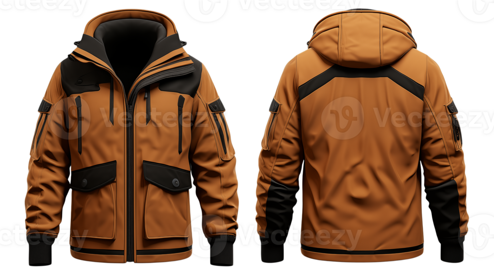 Front and back view of a brown winter jacket with black accents and a hood on a transparent background png