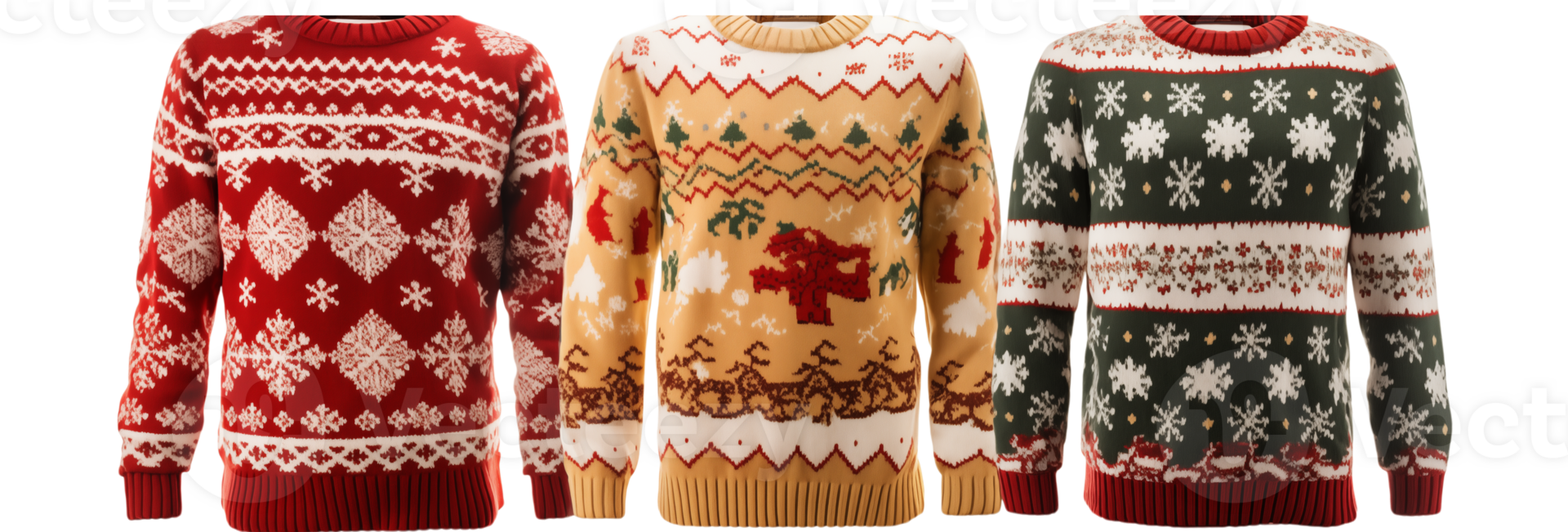 Three christmas sweaters with festive patterns in red beige and green colors on a transparent background png