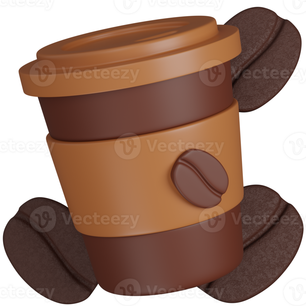 3d render coffee cup with woffee beans in the back illustration png