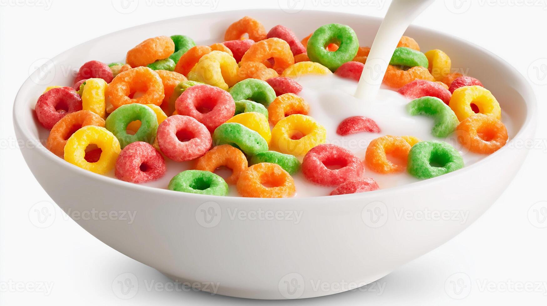 Brightly colored cereal with milk being poured in a white bowl, emphasizing a playful and inviting breakfast scene photo