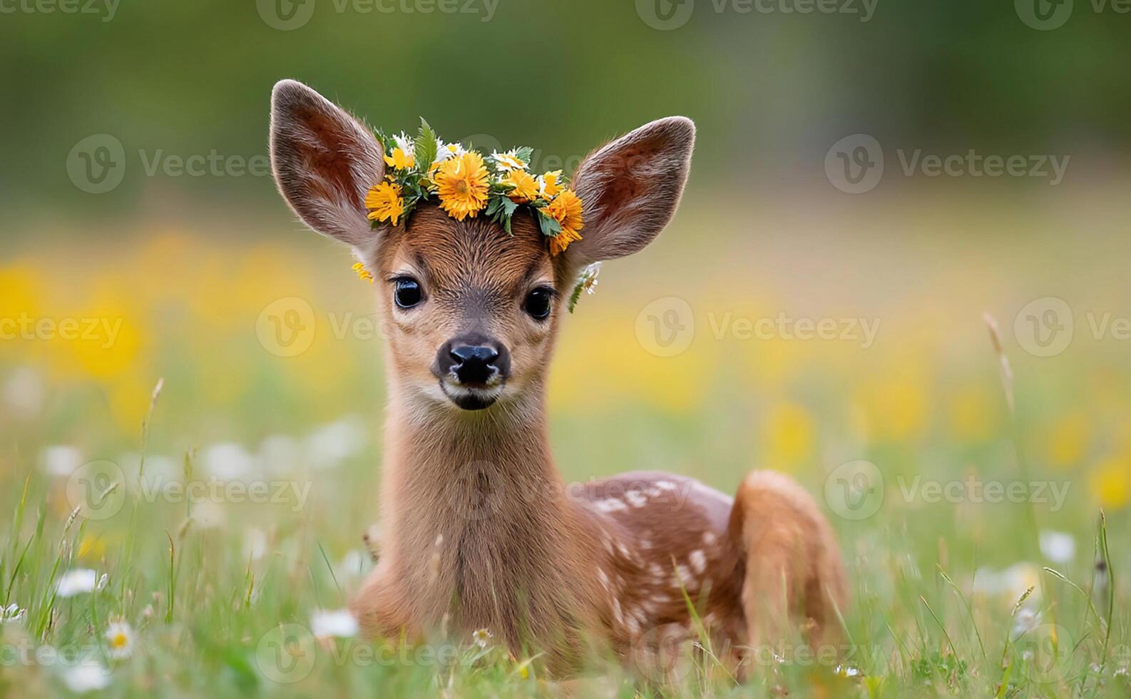 Young deer adorned with a flower crown resting peacefully in a vibrant meadow filled with blooming wildflowers on a sunny day in spring photo
