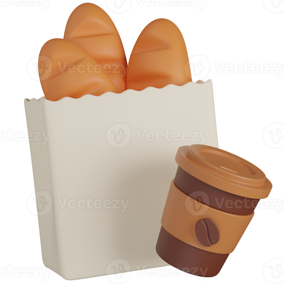 3d render Fresh Baguettes in a Paper Bag with a Coffee Cup icon png
