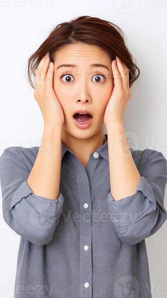Surprised woman reacts with wide eyes and hands on her head in a casual gray shirt against a white background photo