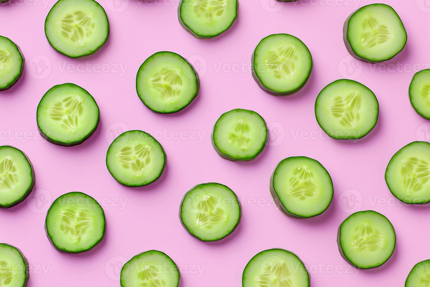 Fresh cucumber slices arranged in an artistic pattern on a pink background for a vibrant culinary presentation photo