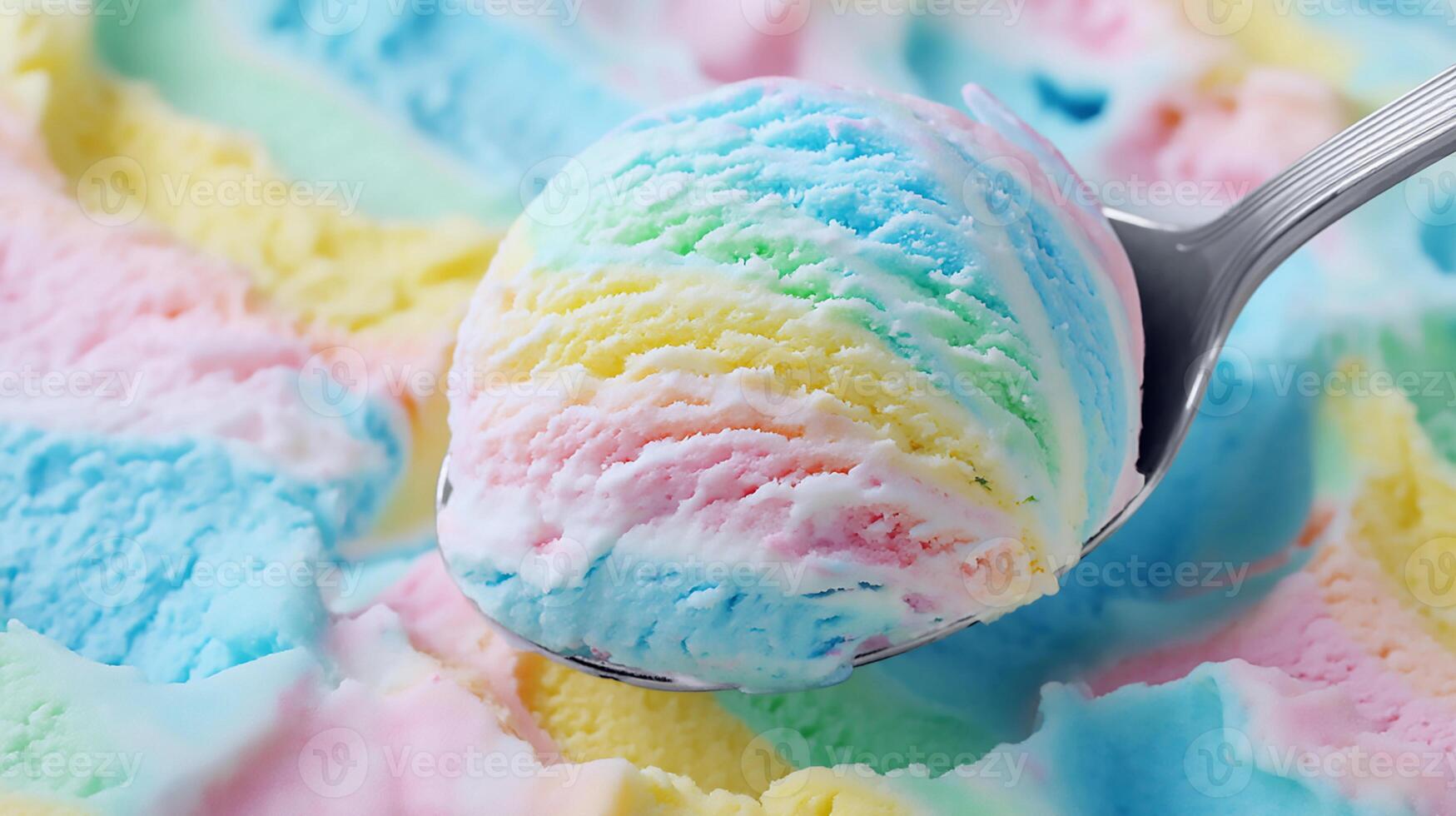 Colorful rainbow ice cream scoop on a silver spoon resting above swirls of vibrant frozen dessert in a bowl photo