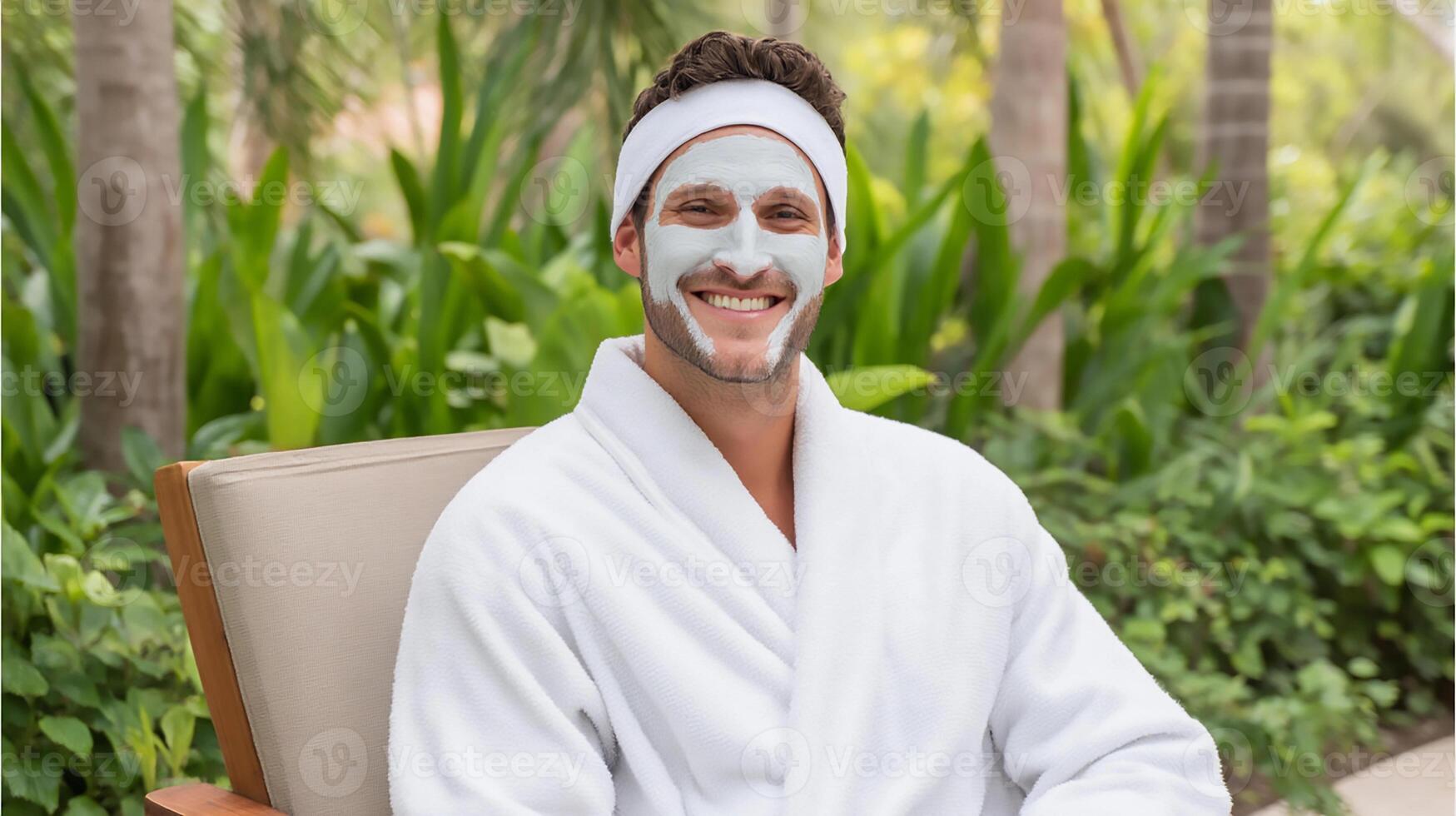Male spa guest enjoying a relaxing treatment outdoors in a robe with a facial mask and a smiling expression amidst lush greenery. The concept of self-care for men. photo
