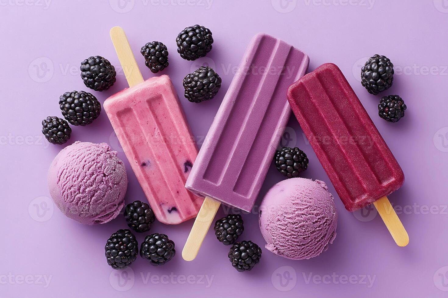 Colorful assortment of frozen fruit pops and ice cream served on a light purple background with fresh blackberries photo