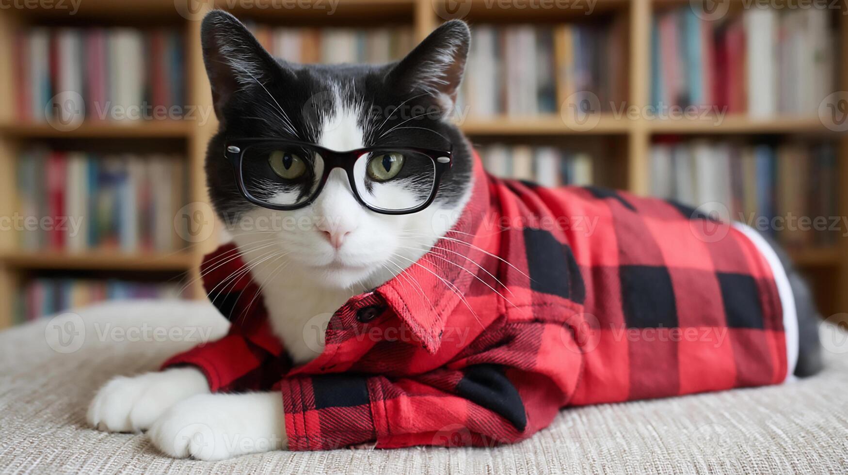 Cat wearing glasses and a red flannel shirt lounging comfortably on a couch in a cozy living room filled with books photo