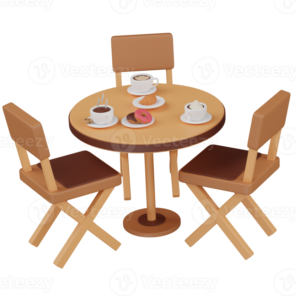 3d render Cafe table with coffee, chairs, donuts and other food illustration png